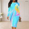 Women Plus Size Round Neck Long Sleeve Colorful Splash Printed Bodycon Midi Dress