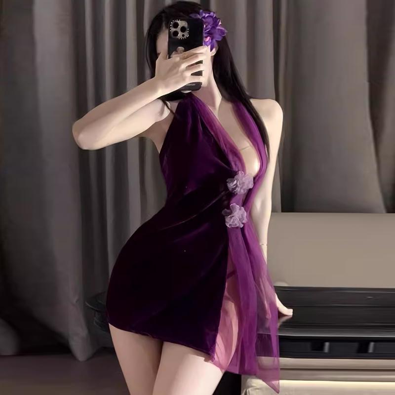 Sexy Lingerie Purple Velvet Slit Cheongsam Pure Desire Uniform Women Pajamas Set