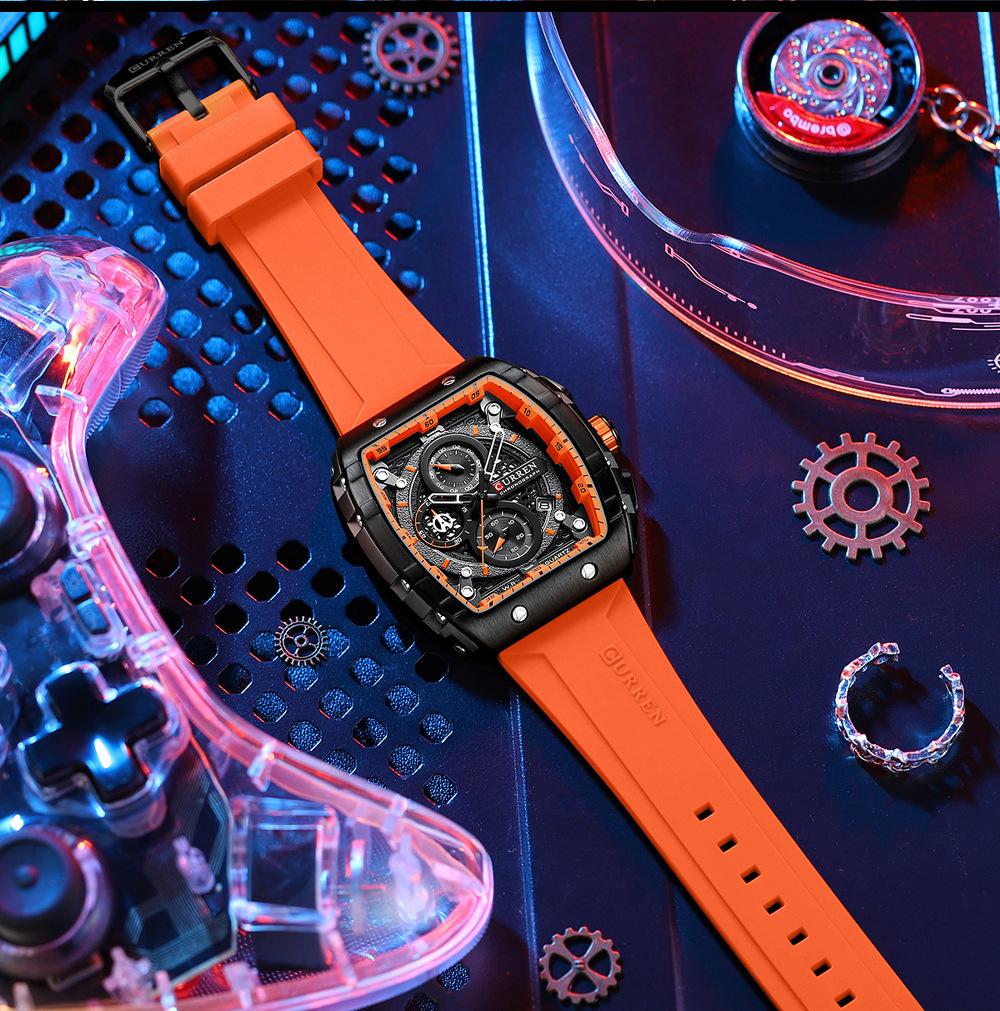 Men's Quartz Tonneau Case Chronograph Luminous Water Resistant 3BAR Alloy Case Silicone Band Fashion Luxury Hip Hop Watch