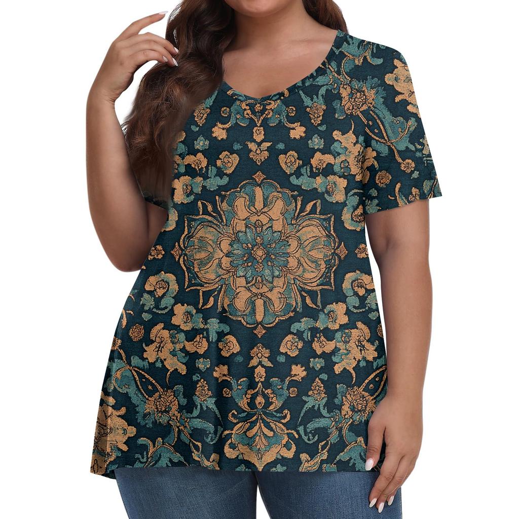 Women's Fashion Casual V-Neck Pullover Short Sleeve Large Size Vintage Printed Top