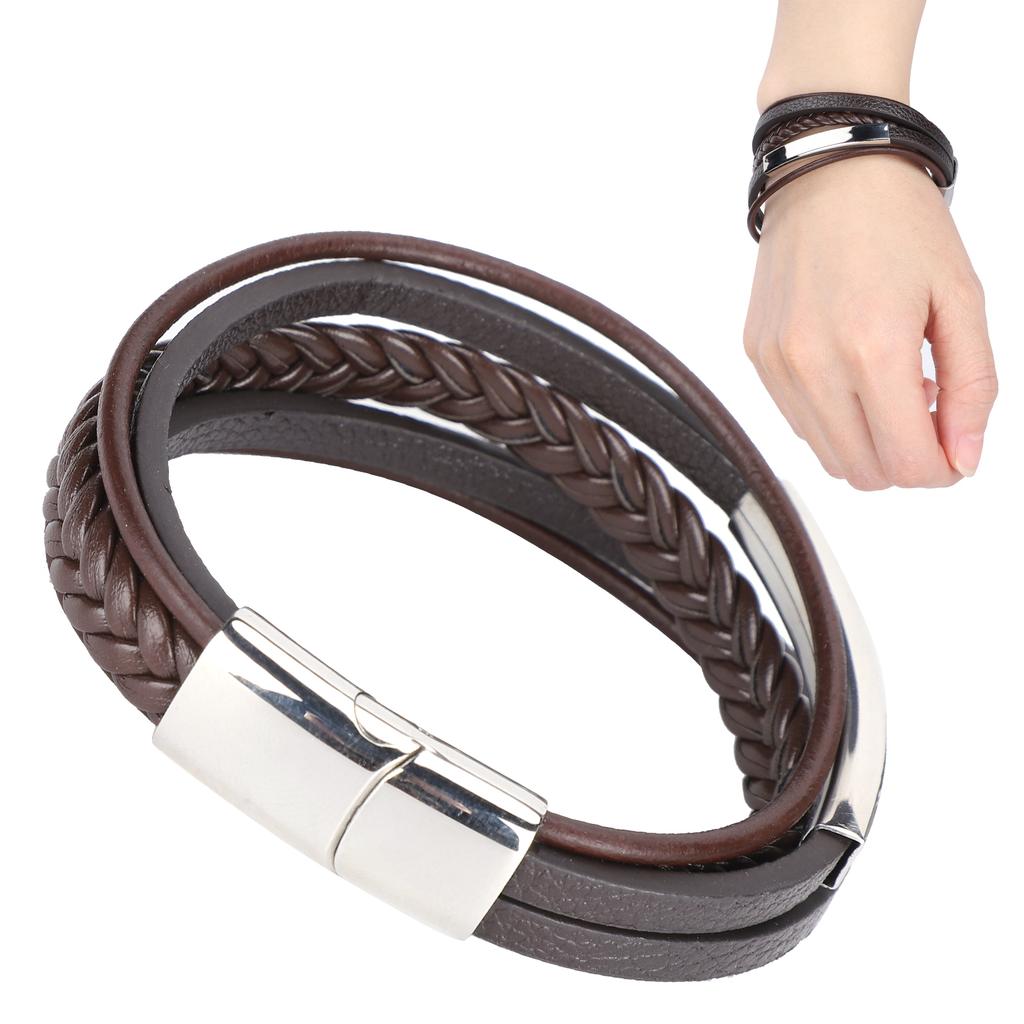 20.5cm Men MultiLayer Bracelet Woven Bracelet Hand Wristband with Magnetic Buckle(Black )