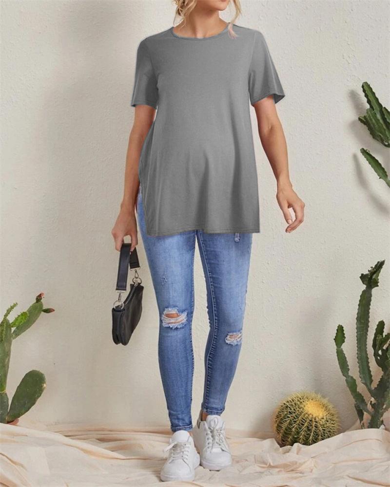 Nové těhotenské ležérní jednobarevné topy Sto kulatý výstřih s rozparkem Těhotenské oblečení topy s krátkým rukávem