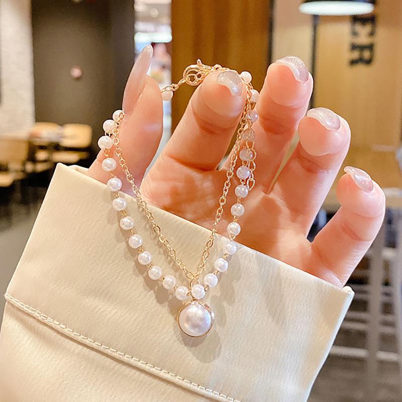 

Choker Internet celebrity vintage ins Simple Double Pearl Necklace Women s Collarbone Chain Short Neck Strap Neck Ornament
