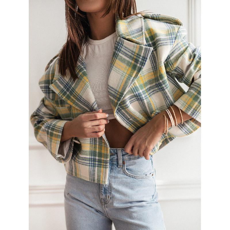 

2026 Spring and Autumn New Women s Fashion British Style Plaid Print Woolen Blazer 2XL жовтий