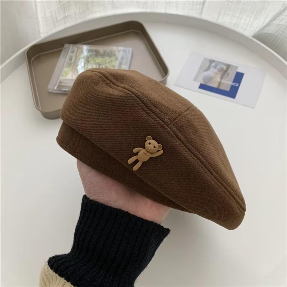 Solid Color Woolen Newsboy Hat Little Bear Beret Hat Retro Cloud Painter Cap  Women Girl