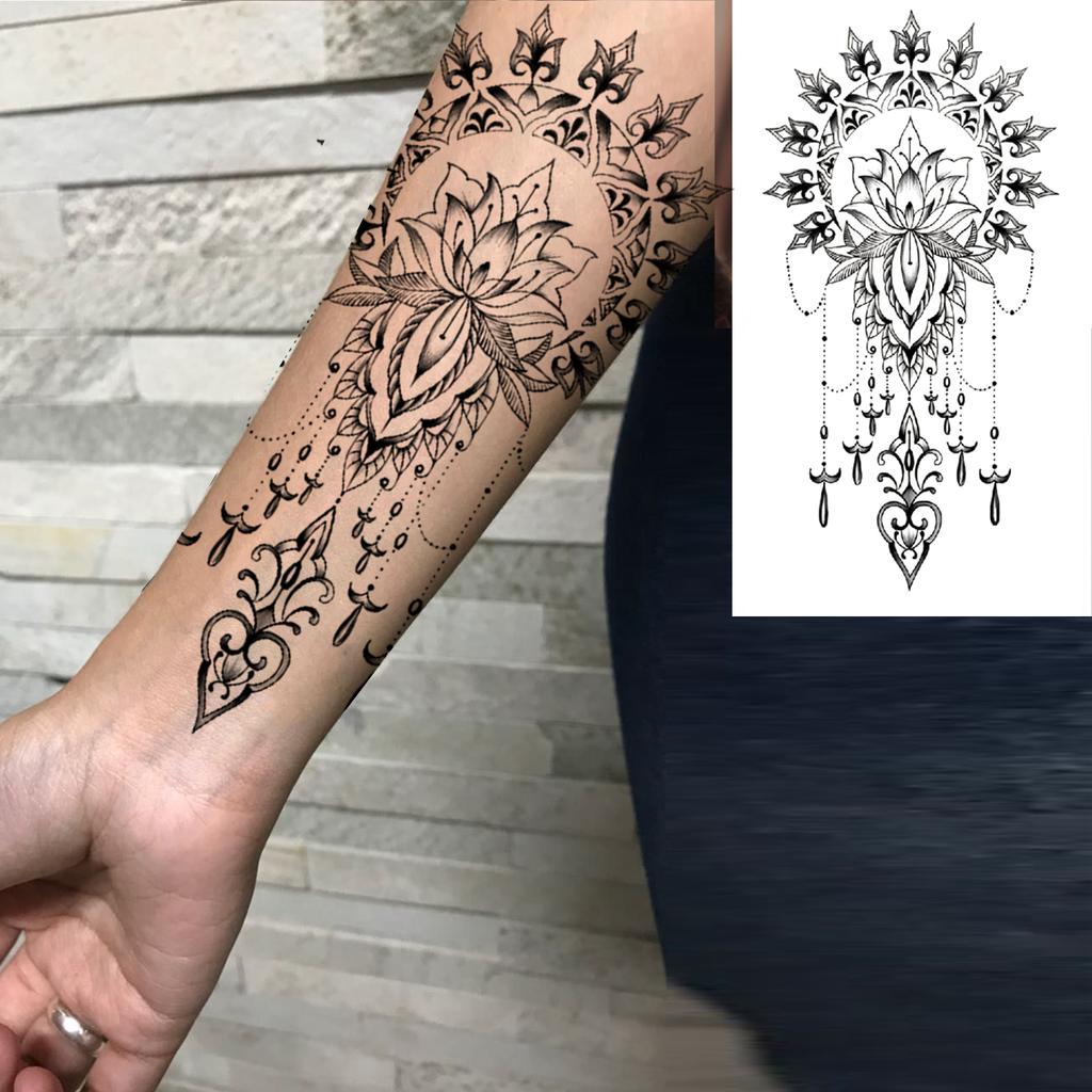 1 Sheet Black Henna Mandala Fake Jewels Temporary Sleeve Tattoos For Women Girls Forearm Waist Chest Back Tattoo Sticker Decal