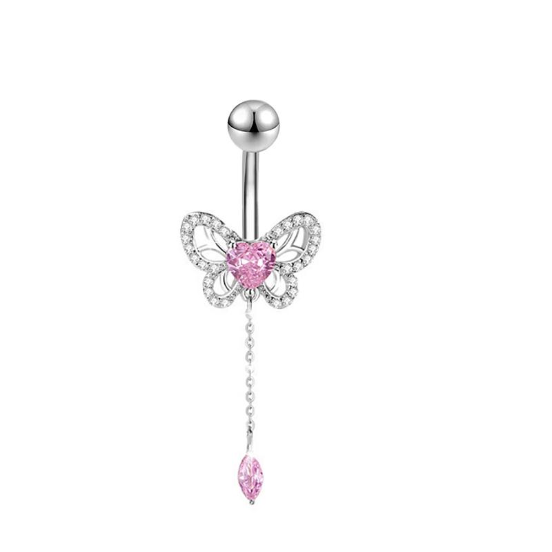 Pink Zircon Butterfly Heart Belly Button Ring For Women Stainless Steel  Flower Tassel Navel Ring Body Piercing Jewelry
