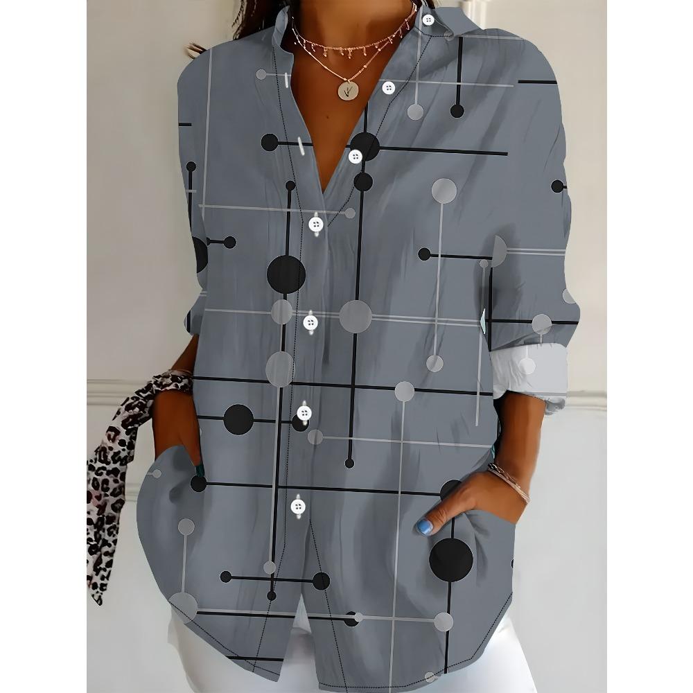 Large Size Women's Long-sleeved Shirt, Geometric Loose Print Shirt