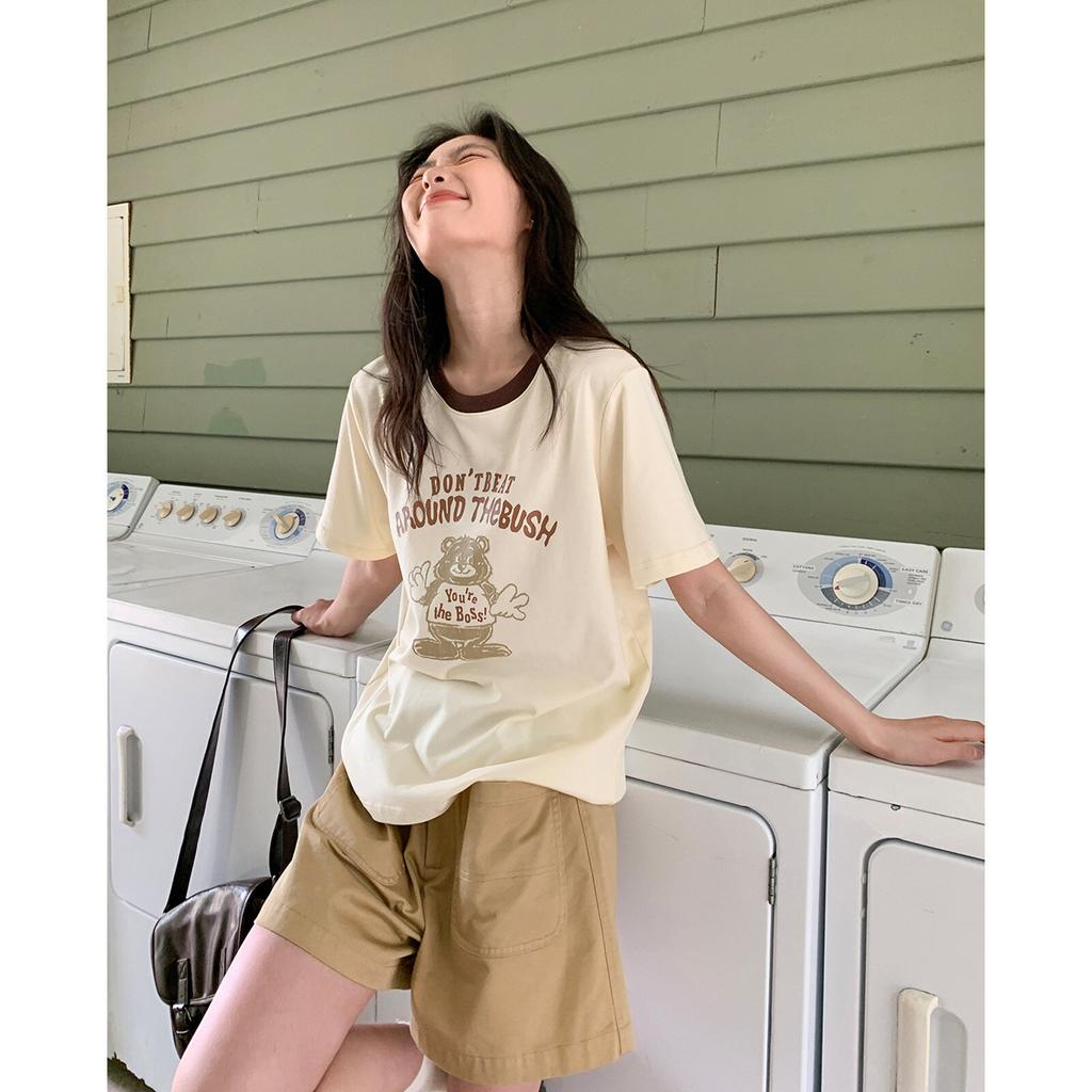 Women's Crew Neck Contrast Trim Short Sleeve Tee Loose Fit Cartoon Bear Graphic Print Cotton Casual Summer Streetwear Top