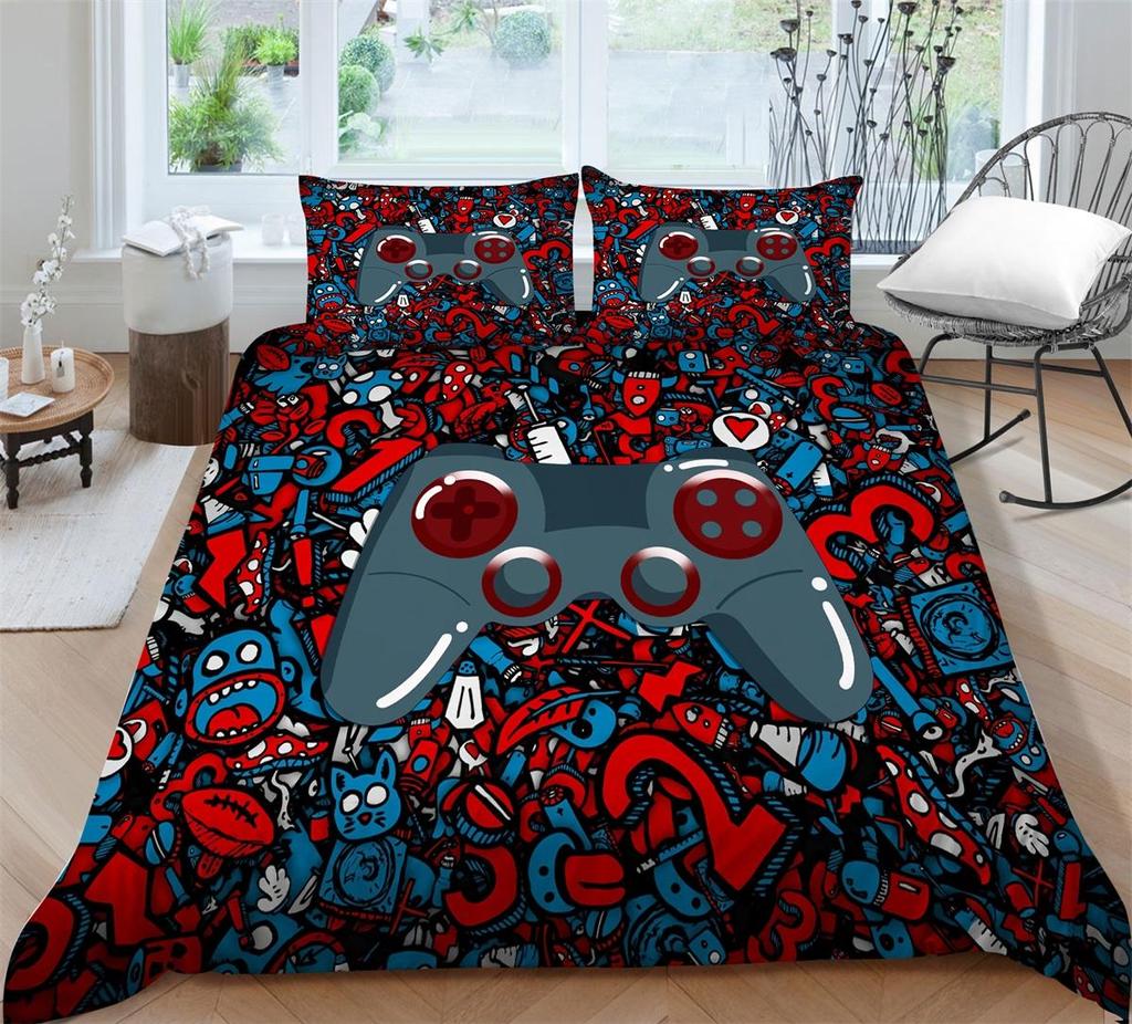3D Bedding Single Double Bed Game Machine Printed Pillowcase and Quilt Cover 2/3 Pieces for Boys and Men Game Lovers Comfortable Household Bedding