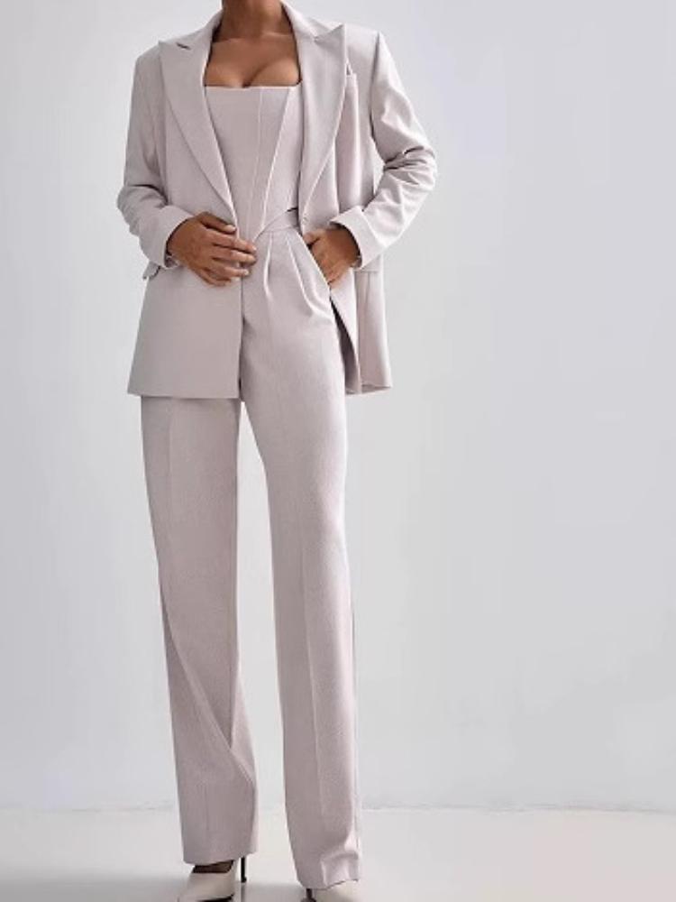 

Жіночий сірий оверсайзний костюм-двійка з корсетним топом і широкими штанами, елегантний костюм для офісу або повсякденного носіння L