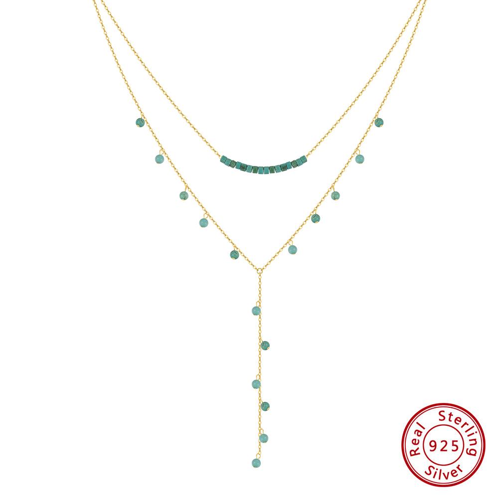 EFFIE QUEEN 925 Pure Silver Turquoise Beads Y-shaped Collarbone Retro Natural Turquoise Long Chain Necklace Women's Gift BQN32