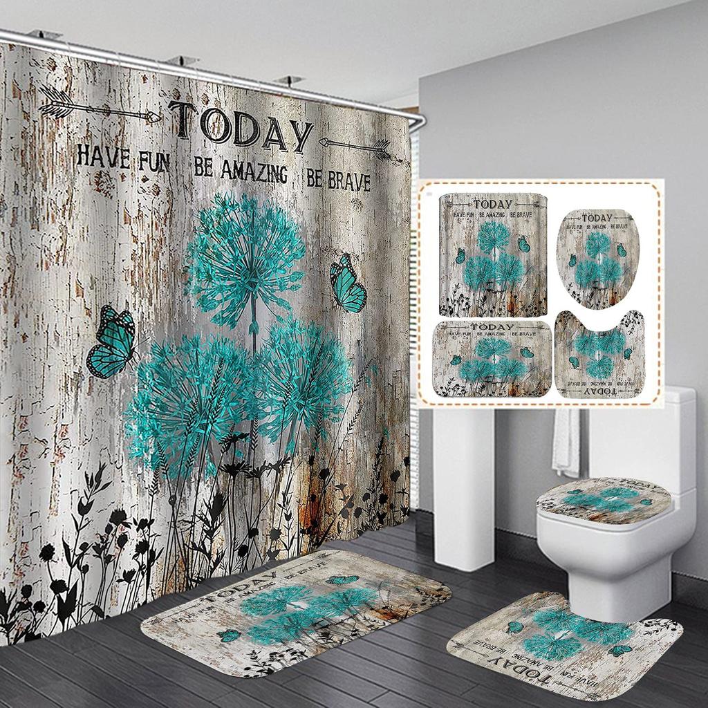 Butterfly Daisy Sunflower Shower Curtain Sets Retro Floral Vintage Country Farmhouse Flower Rustic Wooden Bathroom Decor Sets