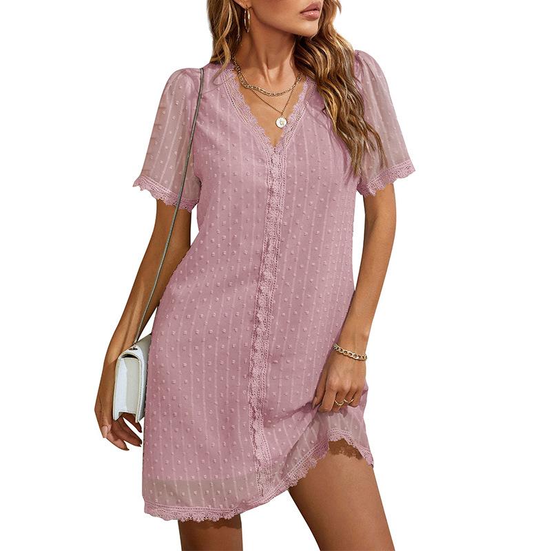 Summer V-neck Casual Short-sleeved Swiss Polka Dot Lace Shift Dress