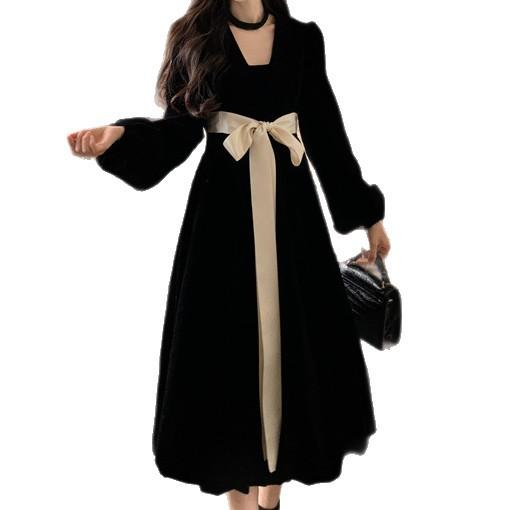 Autumn large size strap bow French dress fat mm women's high-end velvet thin dress long skirt