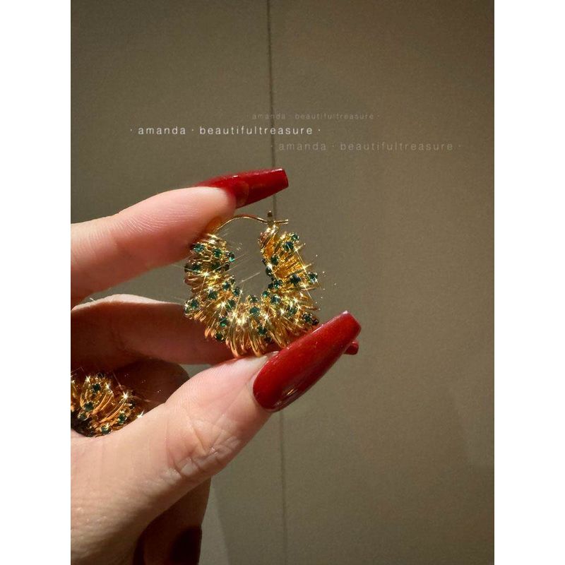 Fancy Exquisite Heavy Industry Green Rhinestone Big Hoop Earrings Gold Ear Ring High-Profile Earrings Fashion Hong Kong Style Earrings