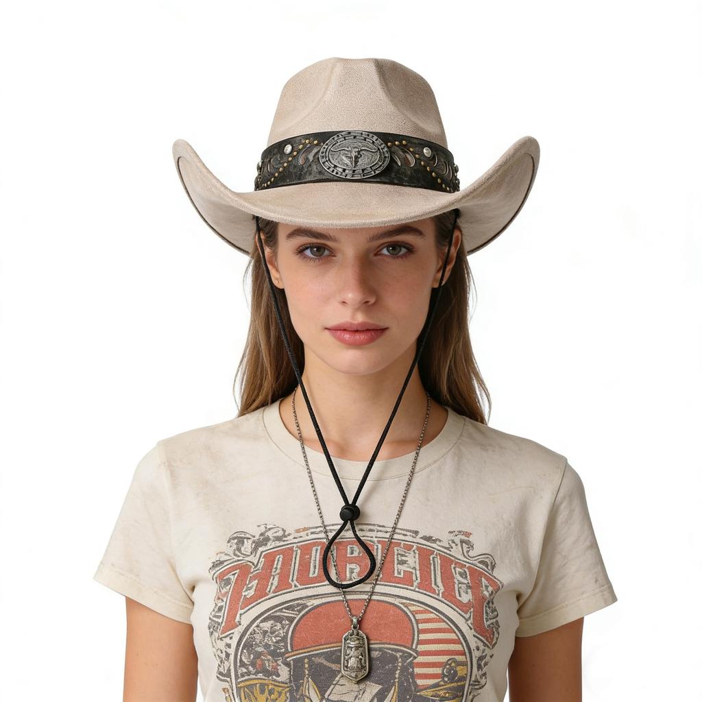 Western cowboy hat for men and women, faux suede, distressed with metal rivets, wide brim, outdoor riding sun protection hat