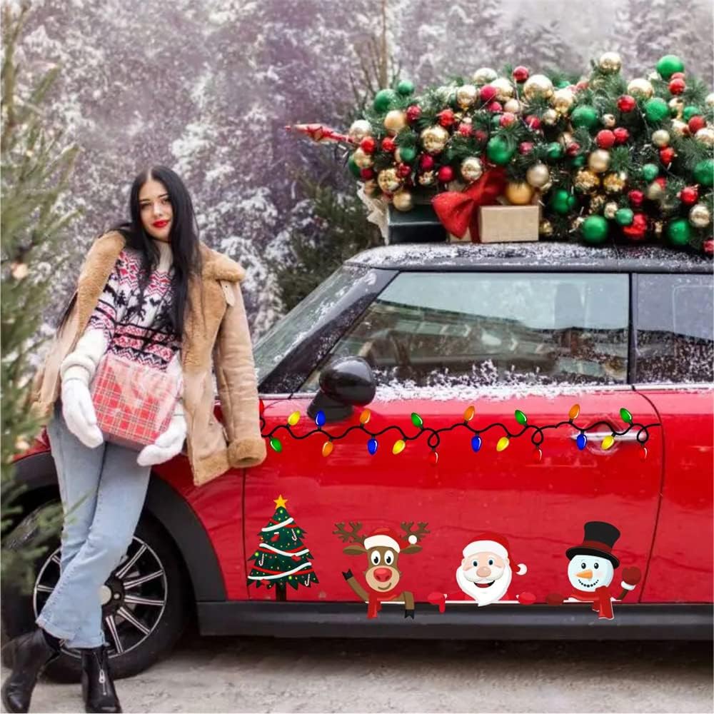 Christmas Peeking Reflective Car Decals Santa Claus Reindeer Snowman Funny Car Stickers For Auto,SUV,Truck, Refrigerator Window Indoor And Outdoor