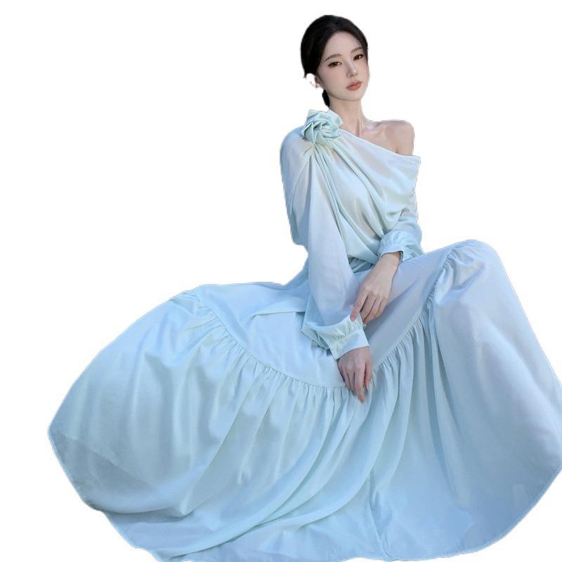 French Temperament High-end Vacation One-word Collar Mint Green Spring and Summer Dress Sunscreen