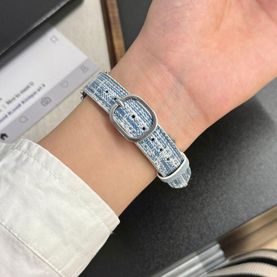 18/20/22MM Watch Bands For Samsung Galaxy Watch 8/7/4 6 Classic 5 Pro Square Metal Denim Leather Strap For Amazfit Bip/GTS GT2