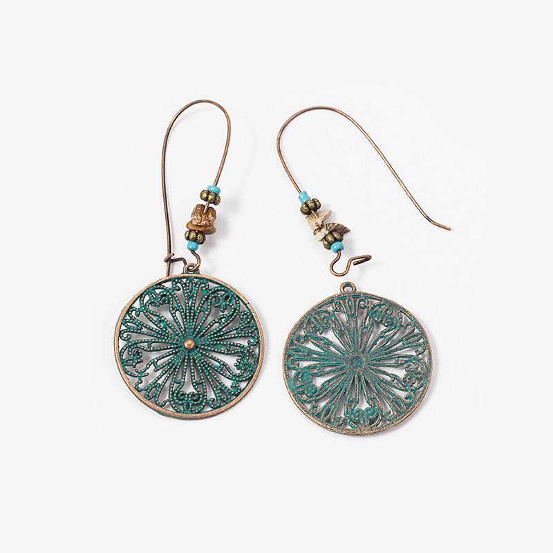 European and American bohemian style hollow pattern round brand earrings, retro bronze turquoise beaded women's earrings