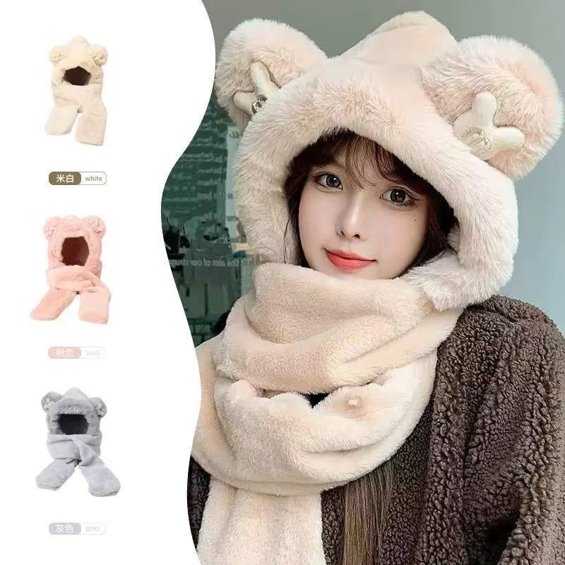 Bear hat, gloves, scarf, three-piece set, thickened plush warm and versatile scarf, outdoor cycling and cold-proof integrated hat.