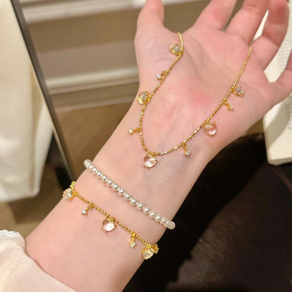 Elegant Heart Shaped Necklace Women Jewelry Set with Imitation Hydrophane Jade Tassel Bracelet Sweet