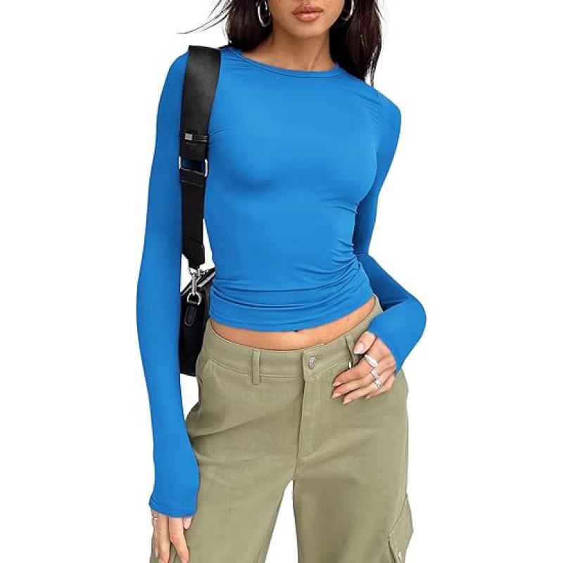 Womens Basic Long Sleeve Top Slim Fit Round Neck Milk Soft Tee Casual Everyday Wear