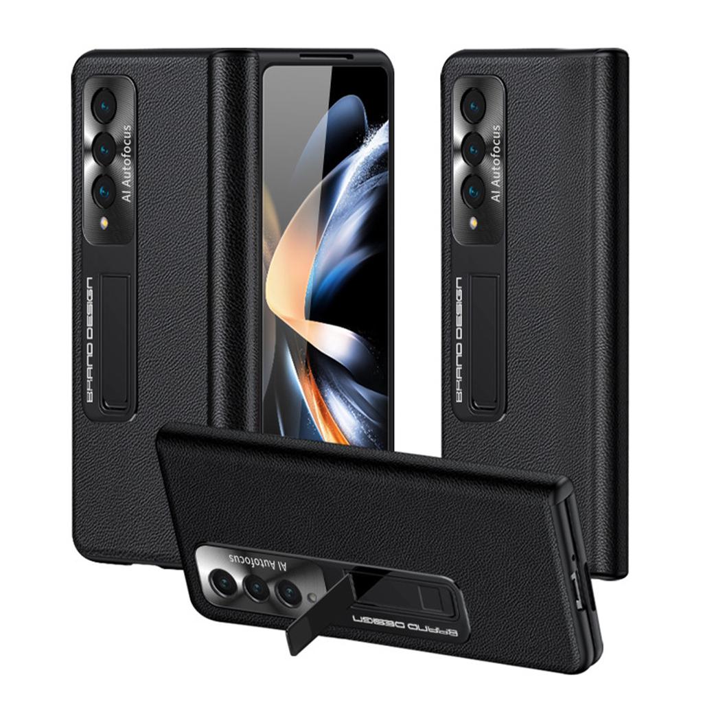 Leather Folding Case For Samsung Galaxy Z Fold 4 5g Hinge Protection Case With Magnetic Holder &Tempered Glass Slim Shockproof