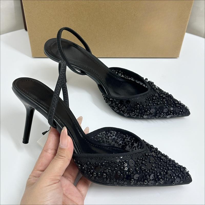Mode Elegant Party High Heels Damenschuhe Glitzernde Pailletten Perlen Mesh Markendesign 2025 Sommer Stiletto Büro Dame Luxussandalen