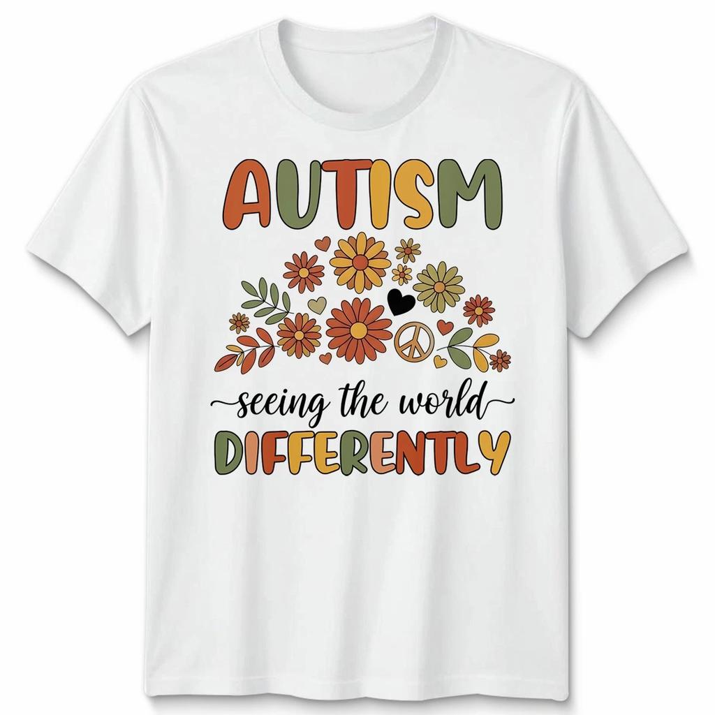 Unisex Autism Seeing The World Differently Retro Floral Peace Sign Tshirt
