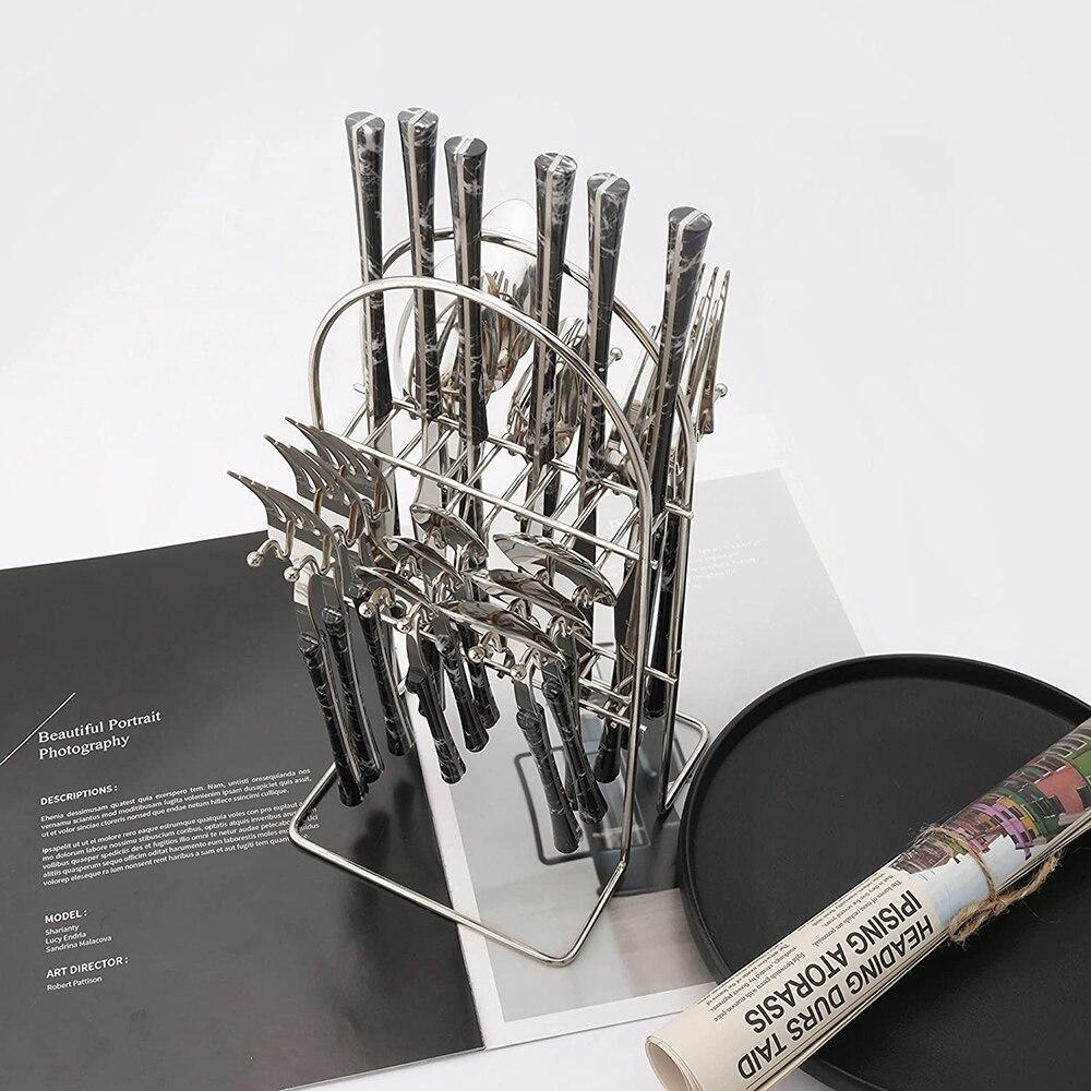 Black Silver 6/24Pcs Dinner Set Stainless Steel Dinnerware Knife Fork Spoon Flatware Tableware With Storage Cutlery Rack Set