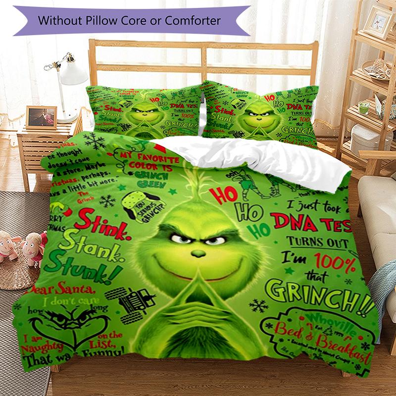 Grinch Humor Design Bed Bedding Set 1 Duvet Cover + 2 Pillowcases Soft Breathable Household Bed Linens