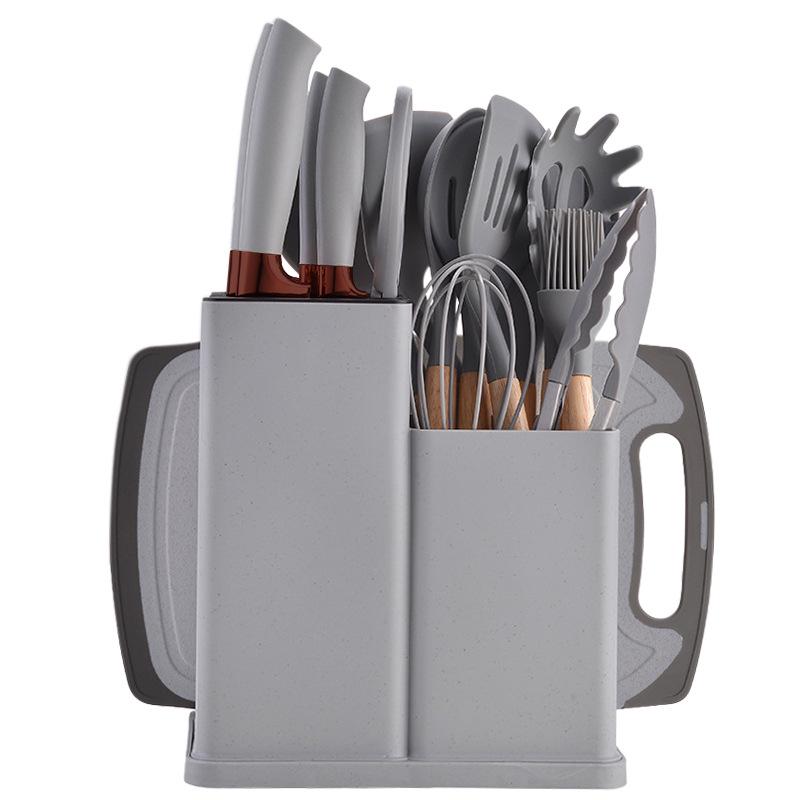 Silicone Kitchenware 19-Piece Set: Non-Stick Pan, Spatula, Soup Spoon, Knife Set with Storage Bucket