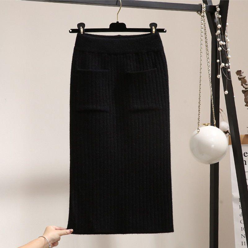 Women's Knit Skirt Autumn Winter Thick Hip Wrap Skirt Mid-length Pencil Skirt Midi Skirt Woolen Skirt with Pockets