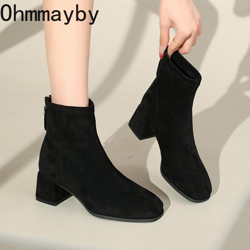 Autumn Winter Vintage Women Thick Heel Ankle Boots Street Style Square Toe Party Short Botas Mujer
