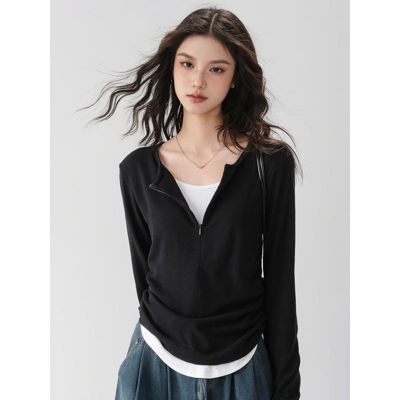 

Women s V-Neck Black Base Layer Top with Color-Block Design, Long-Sleeved for Autumn/Winter L (Weight 105-115kg) чёрный