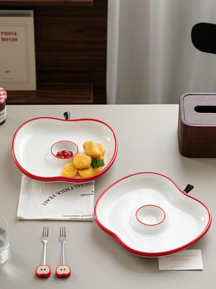 Kreativer Apfelförmiger Knödelteller Weiß Keramik Snackteller mit Essigschälchen Dipsaucen-Teller Spezielles Geschirr