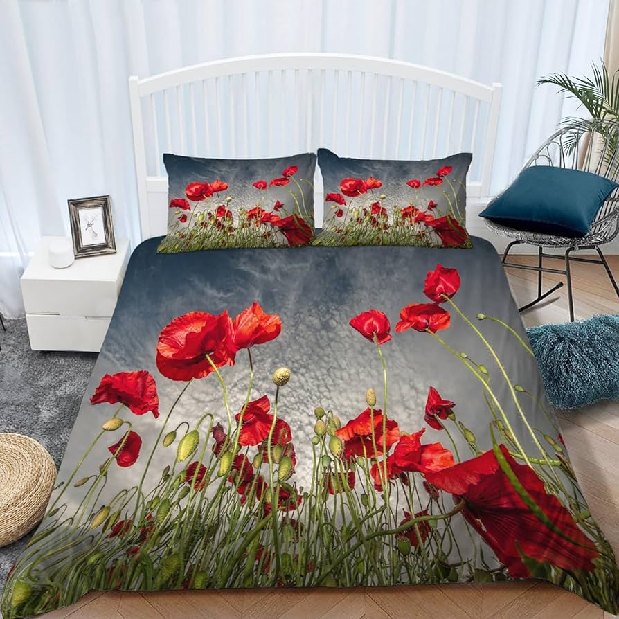 Red Floral Duvet Cover Poppy Flowers Print Comforter Cover for Girls Teens Flower Bedding Set Botanical Branches Bedspread Cover