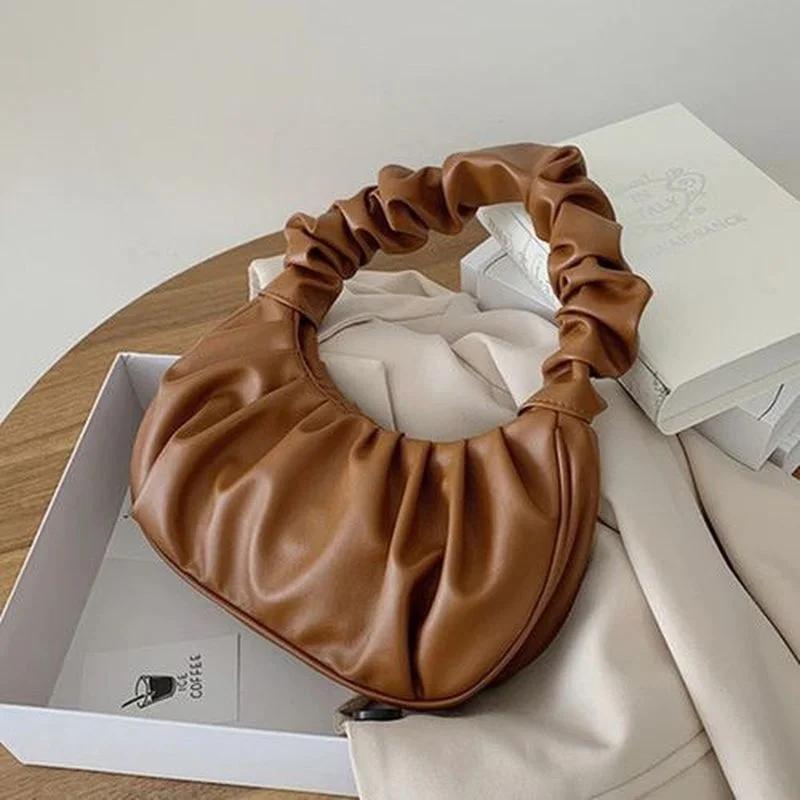 Korean Women Cloud Pleated Shoulder Bag Ladies Solid Color Leisure PU Leather Underarm Fashion Female Small Vintage Handbag