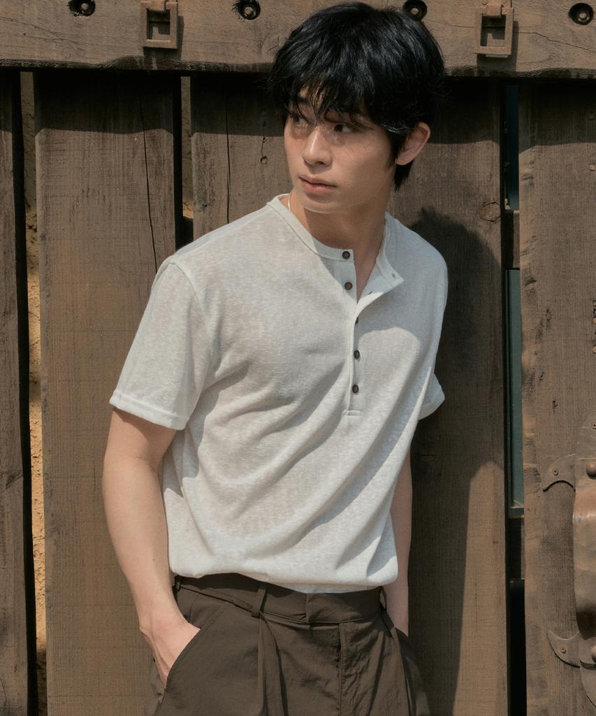 Wednesday Oasis Vintage Henley Neck Short Sleeve T-Shirt_Ivory(Wb6Tp27)