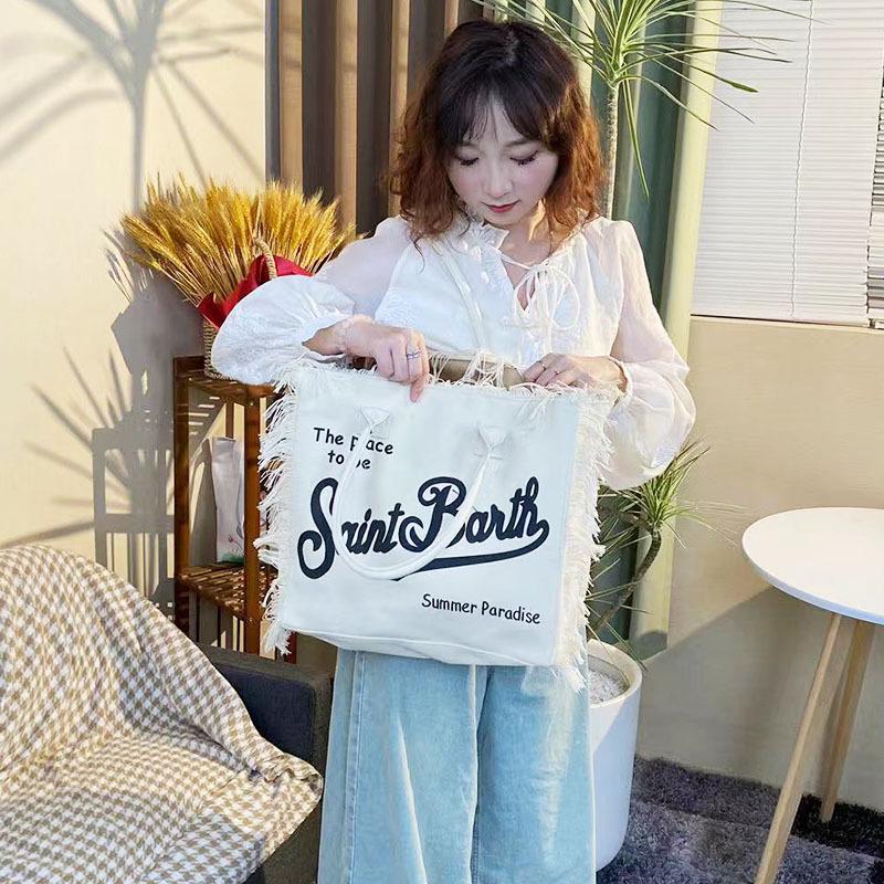 Large Capacity Canvas Tote Bag with Denim Fabric and Tassel Design for Commuting
