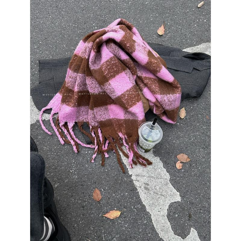 Autumn and winter new blue plaid scarf women's winter warm thickened versatile fringed scarf student shawl