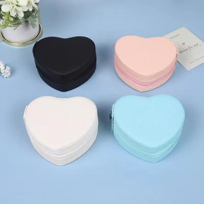 Portable Leather Jewelry Box Heart-Shaped Solid Color Jewelry Case Zipper Closure Ring Storage Box Jewelry Storage