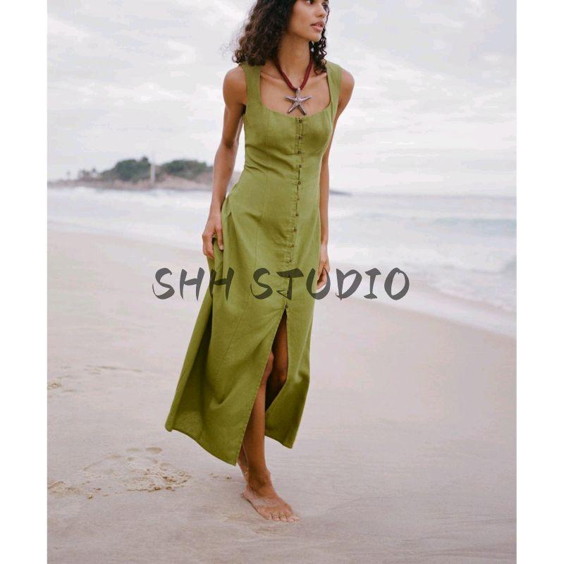 Summer Women Clothes Holiday Style Decorated Row Button Square Collar Linen Blend Midi Dress 6962030 6962029