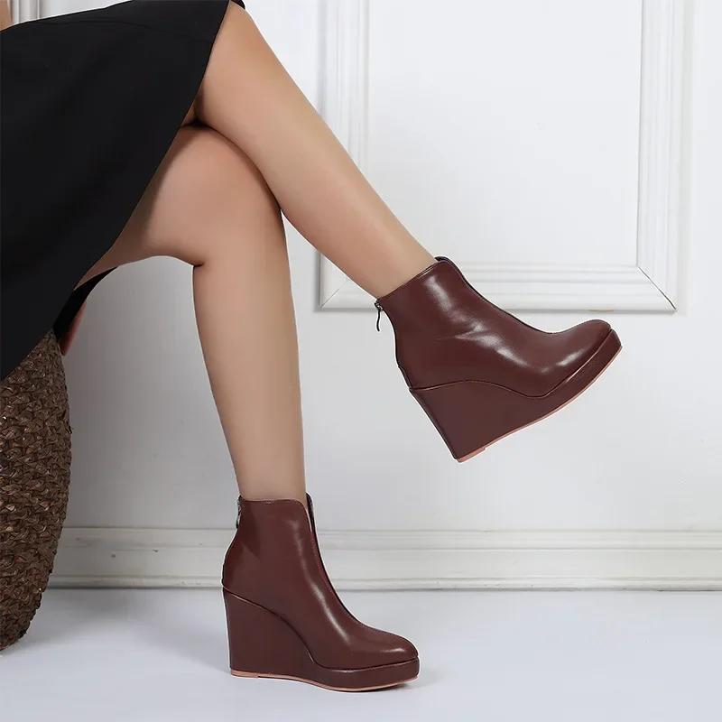 New Autumn Early Shoes Women Ankle Boots Platform Fashion Ladies Wedge Heels 10cm Pure Black White Big Size 42