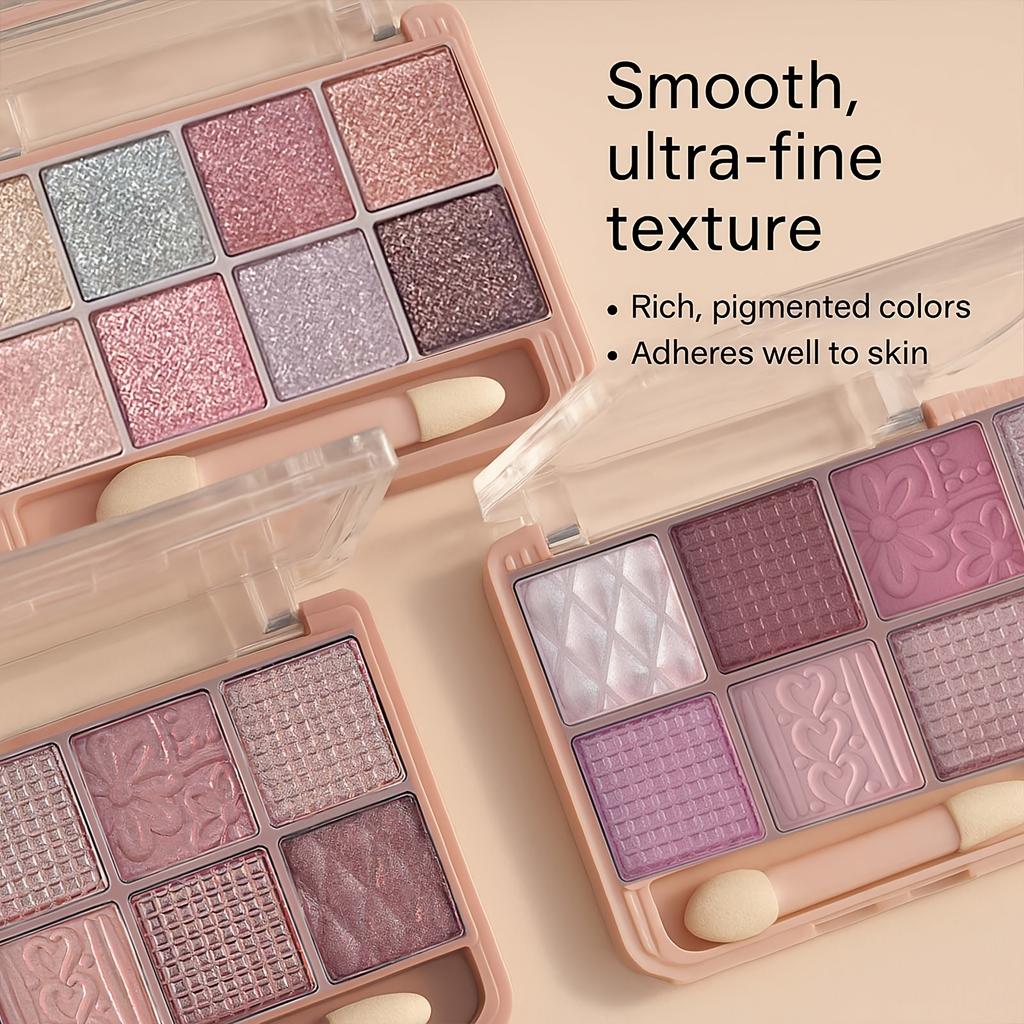 8pcs Eyeshadow Palette Set Available In Matte and Shimmer Finishes Featuring A Pearl Texture, Long Lasting and Highly Saturated Light Pink Tones
