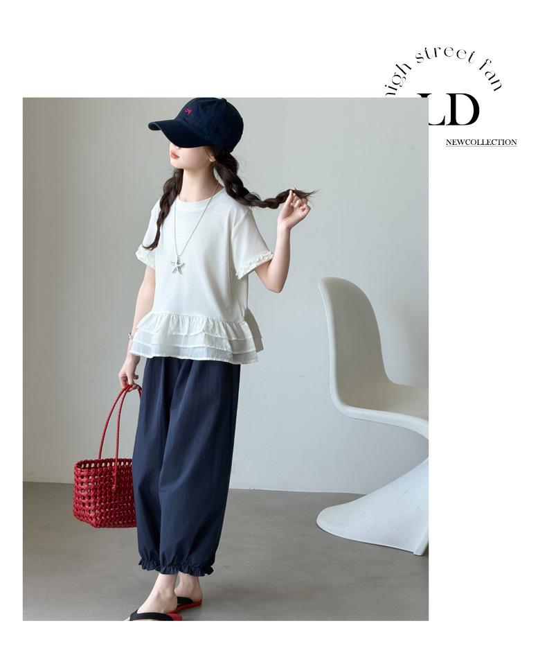 Girls' Lace Half-Sleeve Top & Nine-Point Bloomer Summer Set - Korean Style