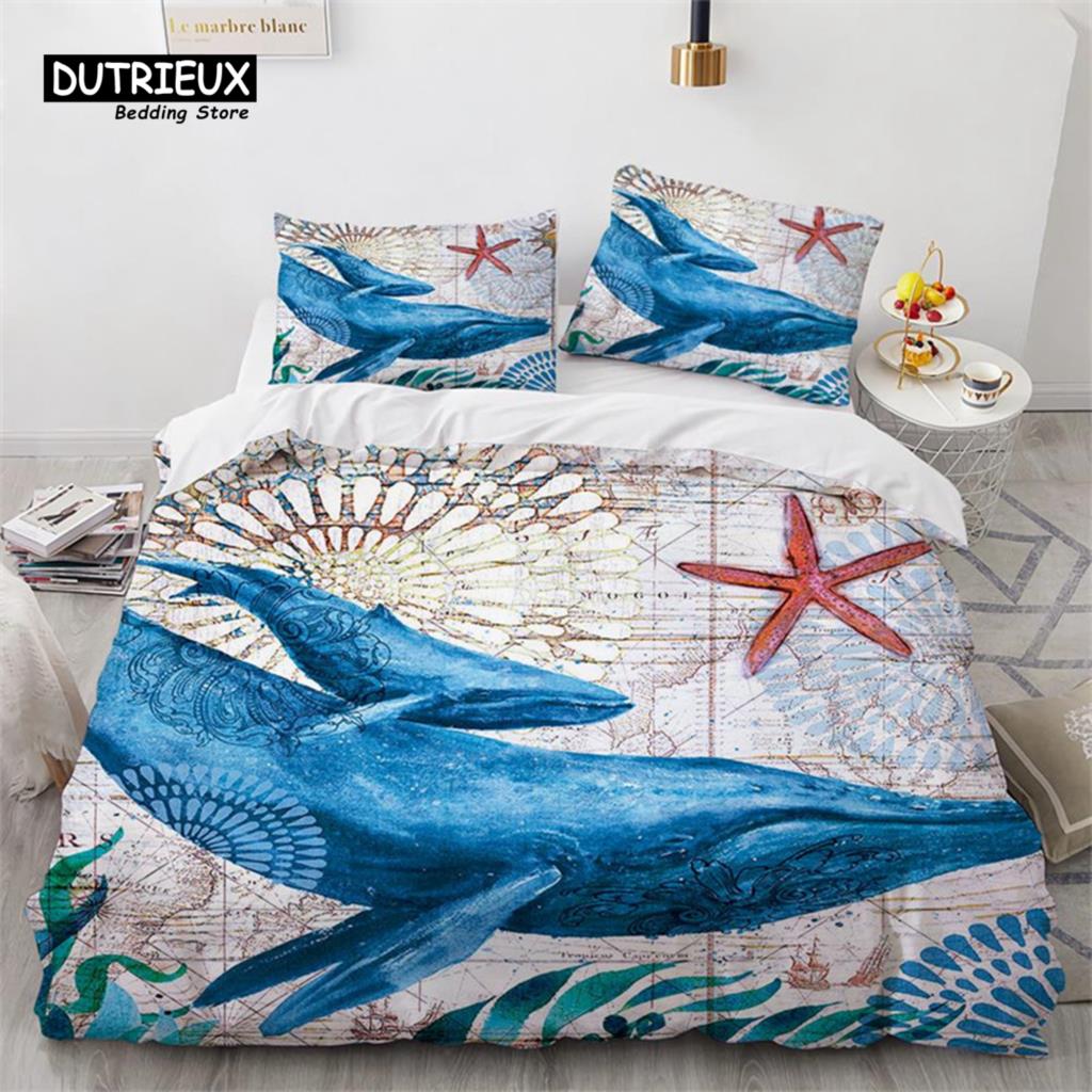 Poszwa na kołdrę z żółwiem morskim w stylu śródziemnomorskim, zestaw pościeli z nadrukiem zwierząt oceanicznych: ośmiornica, konik morski, motyw morski z poszewkami na poduszki