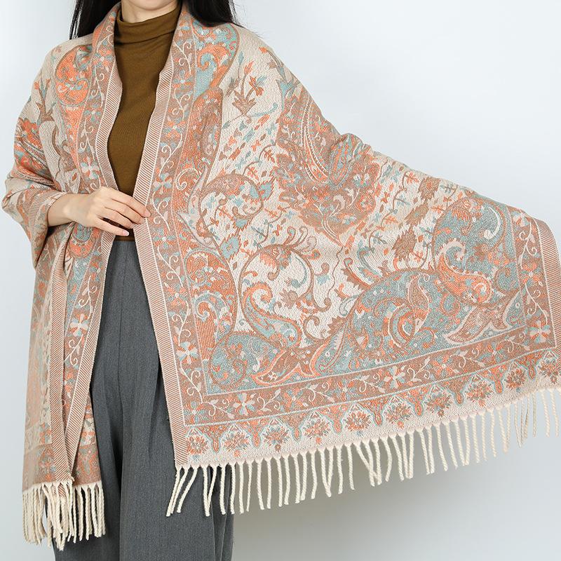 Autumn and Winter Jacquard Cashew Fringed Scarf Women Wear a Large Shawl Outside To Travel Warm Decoration Dual-purpose